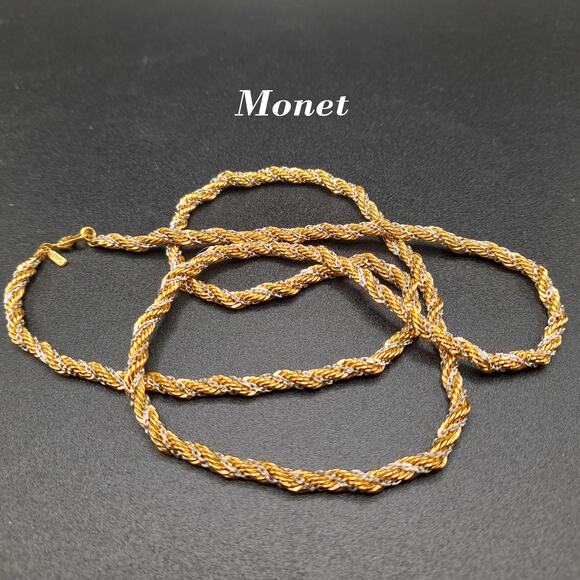 Monet Gold Silver Rope Chain Necklace, Sister Clasp, Gold Plated, 1960s Vintage - Picture 1 of 10